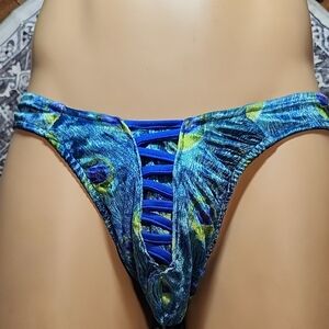 Blue and Green Peacock Print Bikini Bottom